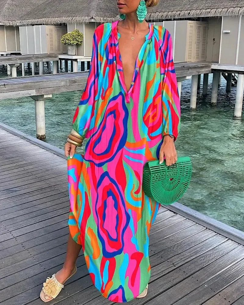 Women Sexy Deep V-Neck Maxi Dresses Bohemian Lantern Sleeve Printed Long Dress Female Vintage Holiday Loose Beach Cover Up Robe