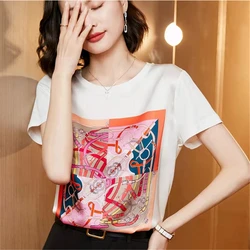 2023 Summer Satin T-shirt Fashion Silk T-shirt for Women Short-sleeved Design Silk White T-shirt Luxry Sense Stain White Shirts