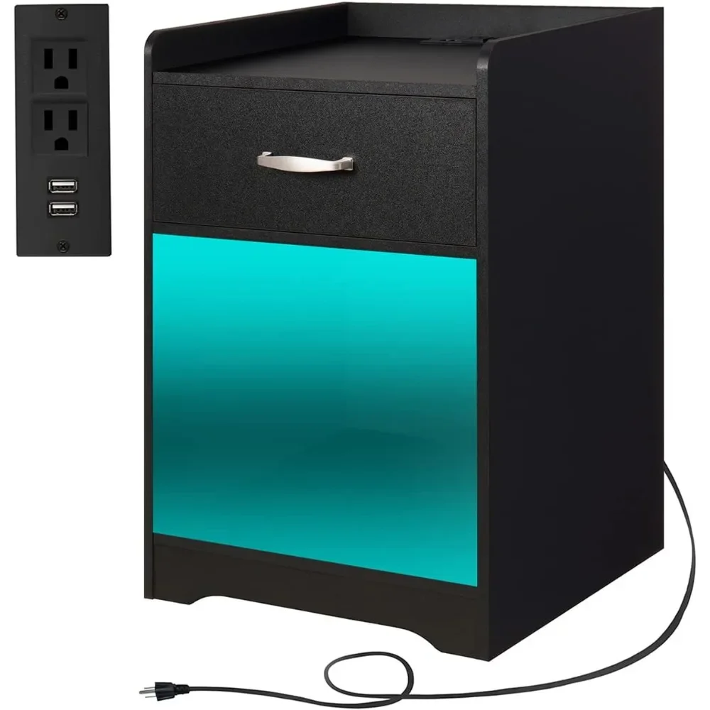 

Nightstand with Charging Station and LED Lights, Nightstands with USB Ports & Outlets, Small Night Stands for Bedroom, Black