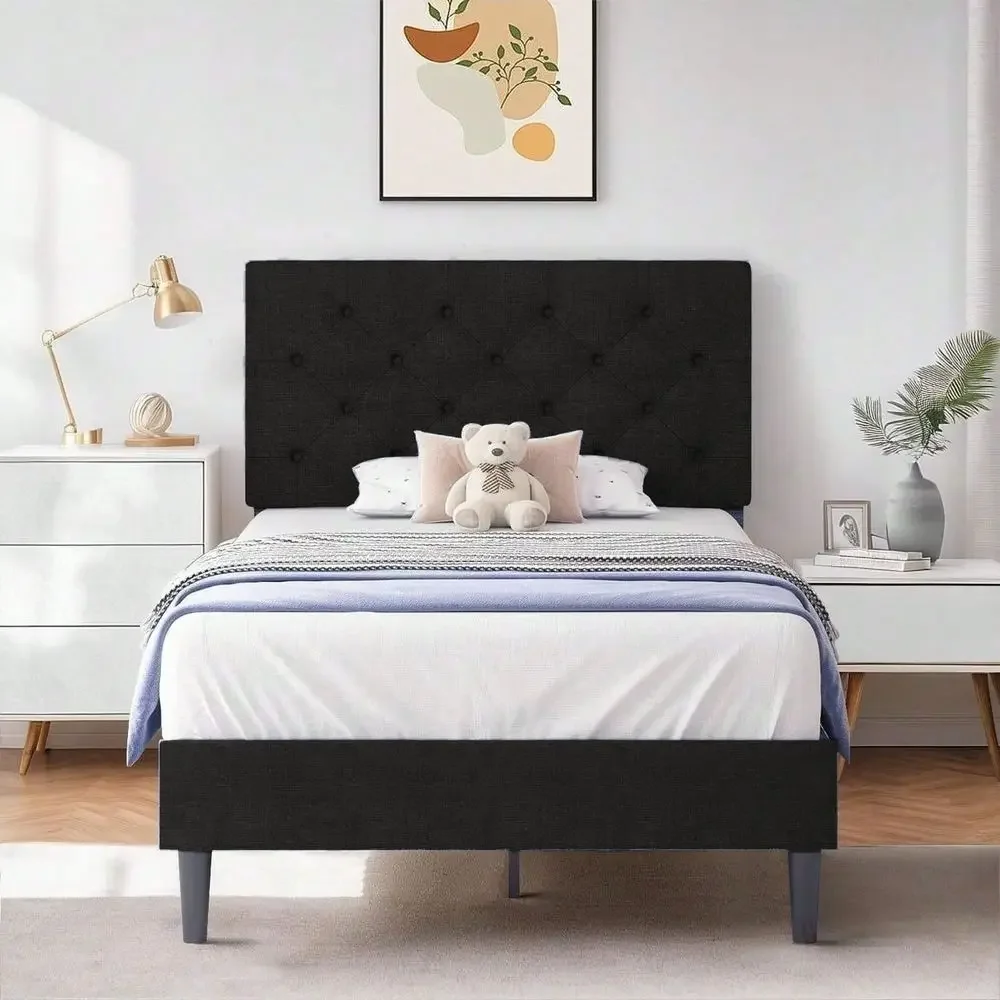 Bed Frame With Headboard, Linen Fabric Bed Frame With Button Tufted Headboard, No Box Spring Needed, Easy Assembly, Twin Full Q
