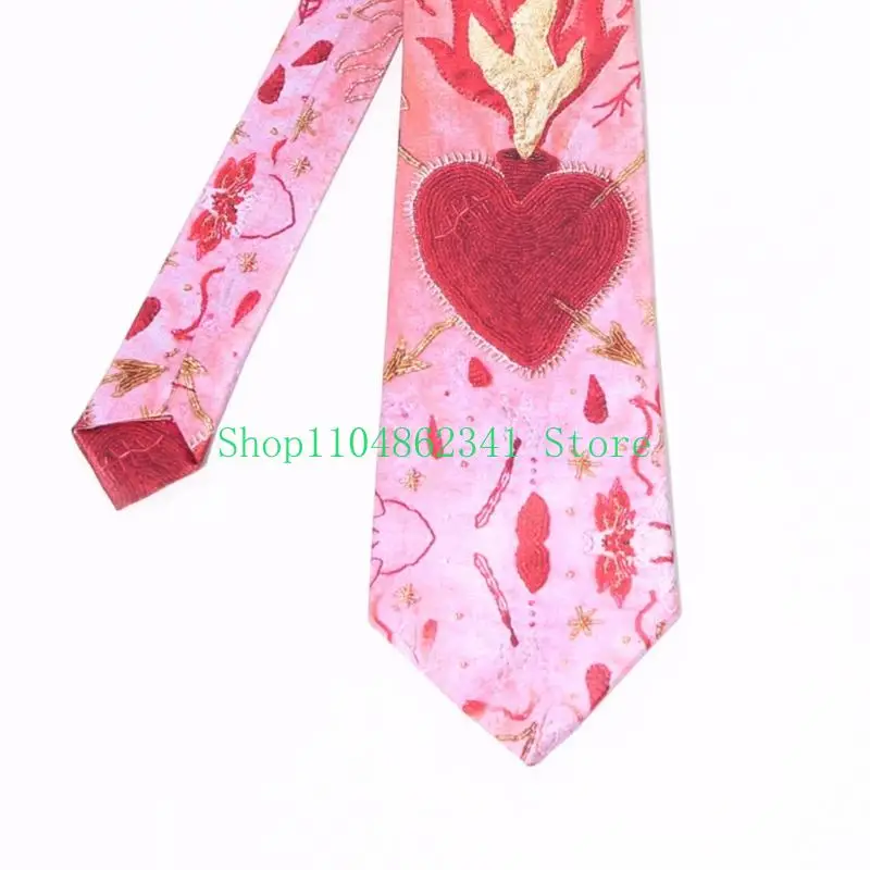 652F Stylish Flame Red Heart Pattern Necktie Polyester For Trendy Look Photo Props