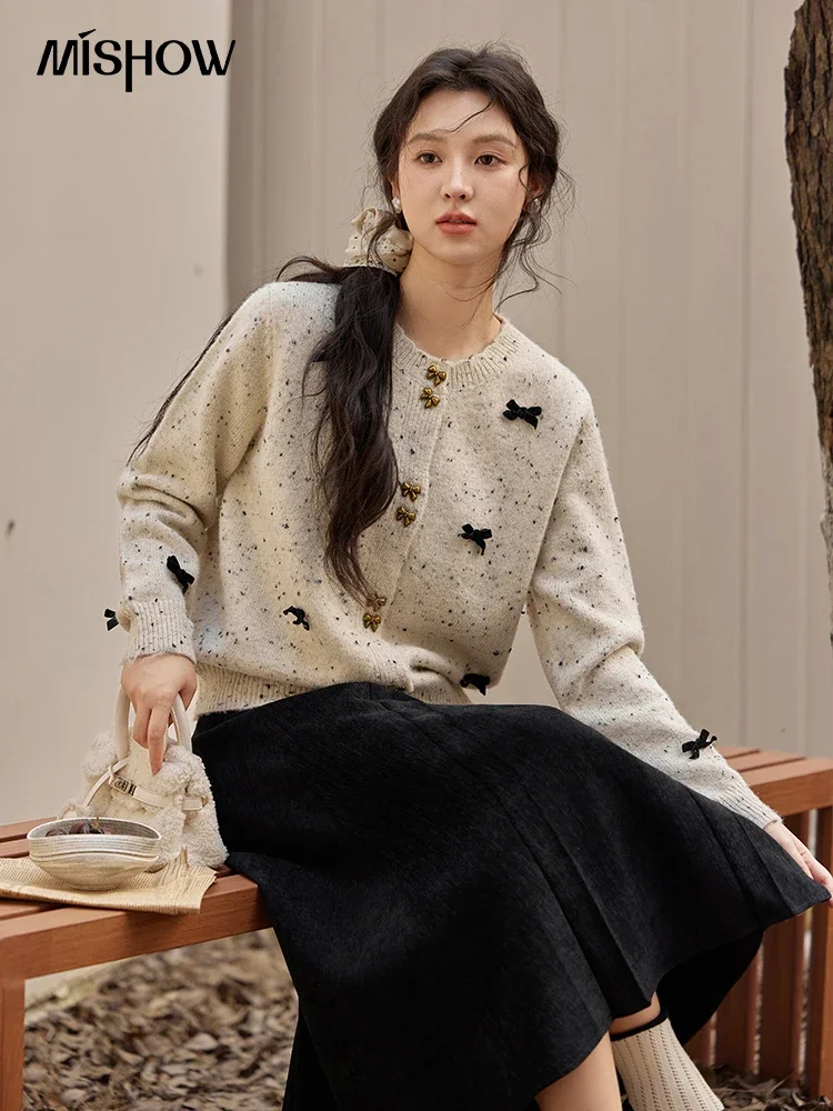 MISHOW Plaid Tweed Sweater Women's 2024 Autumn Winter Fashion Velvet Bow Design O-Neck Long Sleeve Knitted Jacket MXD35Z0896