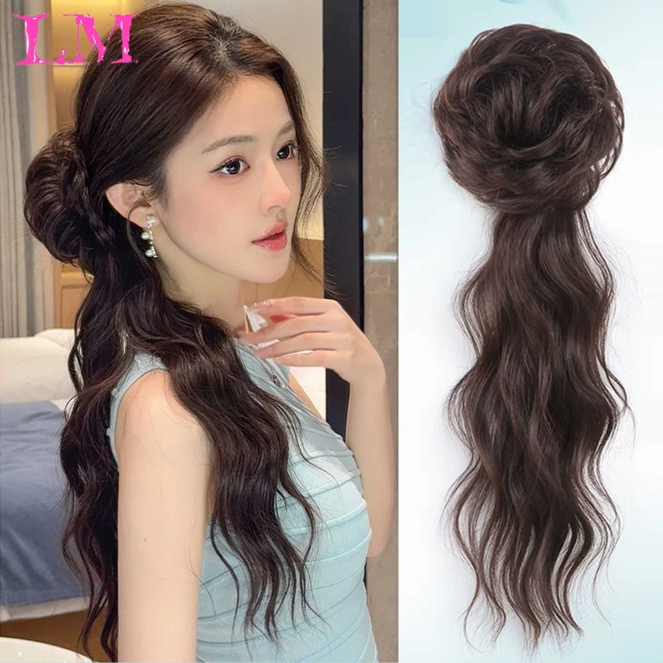 LM Self‑winding Half‑Up Bun Wavy Ponytail Hair Extensions With Soft Rod, Synthetic Hairpiece for Women Daily Wedding Party Datin
