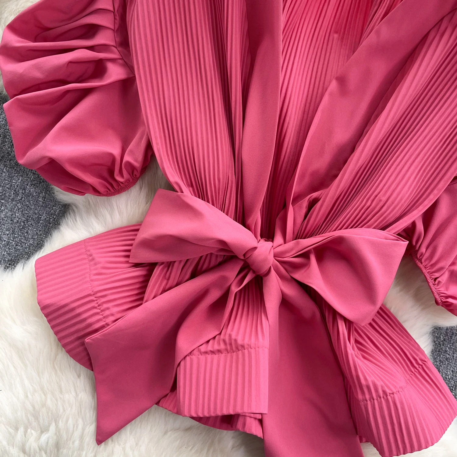 Chic Sweet Ruffle Pleated Puff Long Sleeve V Neck Bow Blouse Elegant French Fashion Sexy Shirt Spring Autumn Women Top