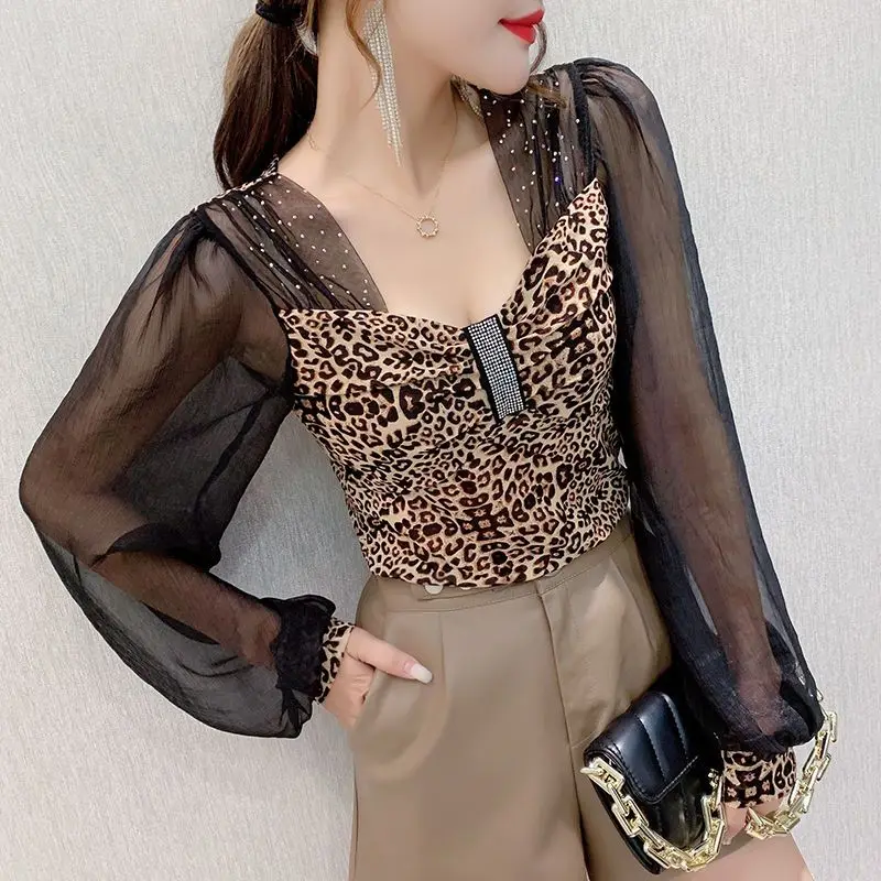 Autumn Winter Fashion Leopard Square Collar Lantern Sleeve Blouse Women\'s Fashionable Patchwork Bright Line Decoration T-Shirts