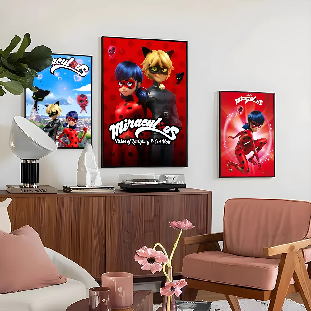 1PC Miraculous Tales Of Ladybug & Cat Noir Poster Self-adhesive Art Waterproof Paper Sticker Coffee House Bar Room Wall Decor