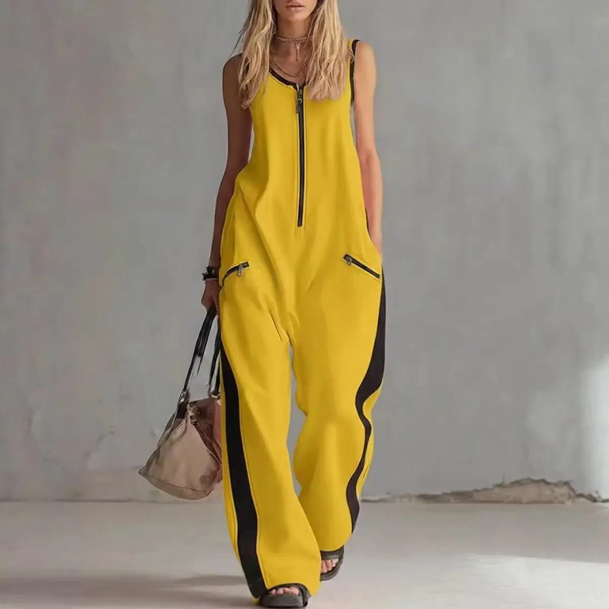 

Casual One-Piece Suit Summer New Style Zipper round Neck Short Sleeve Independent Station Women's Fashion Low Waist Nine-Piec...
