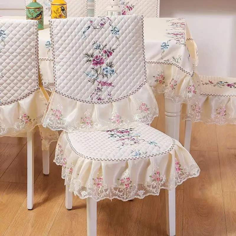White Lace Skirt Chair Cover European Style Wedding Split Dining Chair Cushion Flat Printed Tablecloth Fabric Art Stool Cover