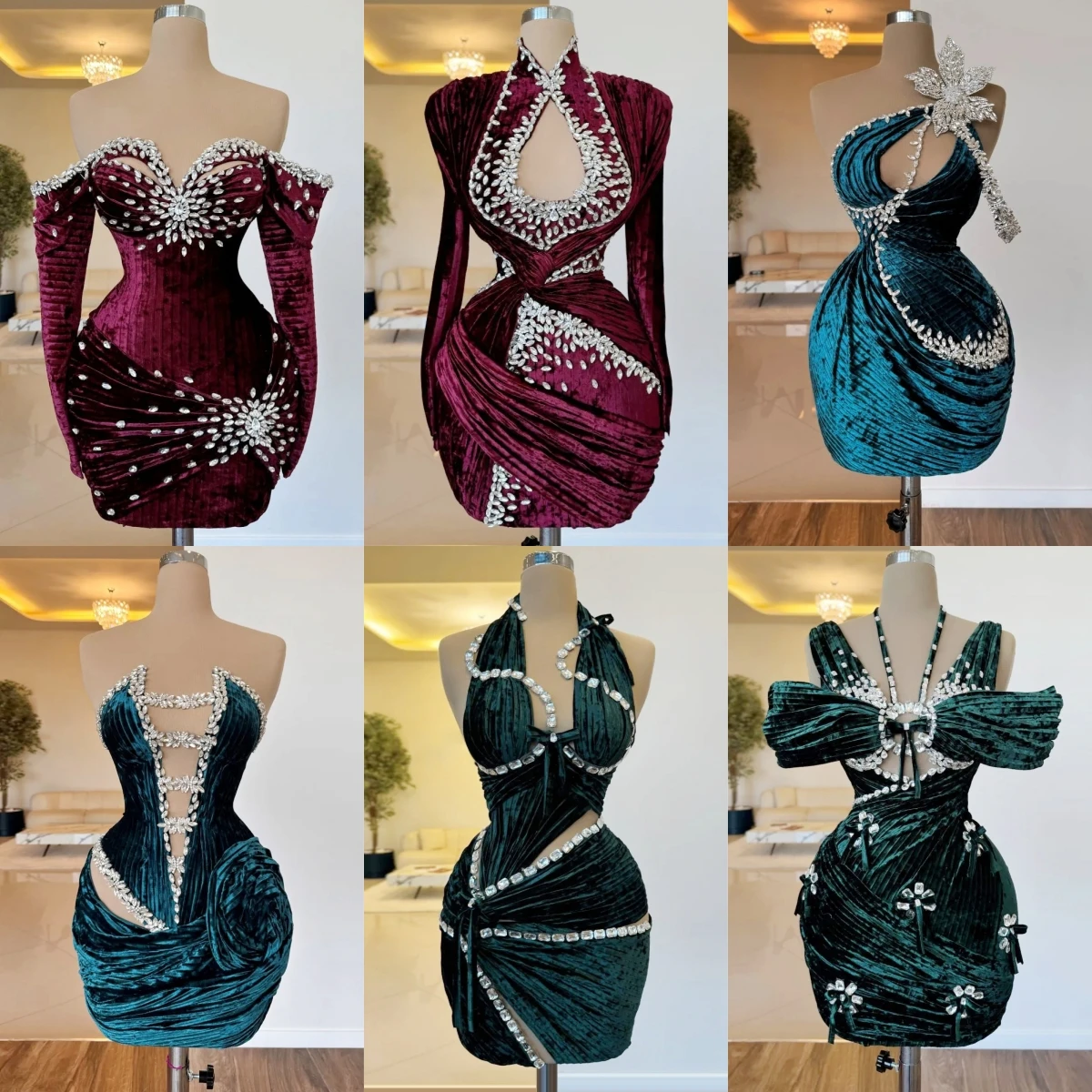 2025New 6 Designs Luxurious Velvet Beaded Evening Gowns Crystal Mini Short Mermaid Cocktail Party Birthday Prom Gowns Customized