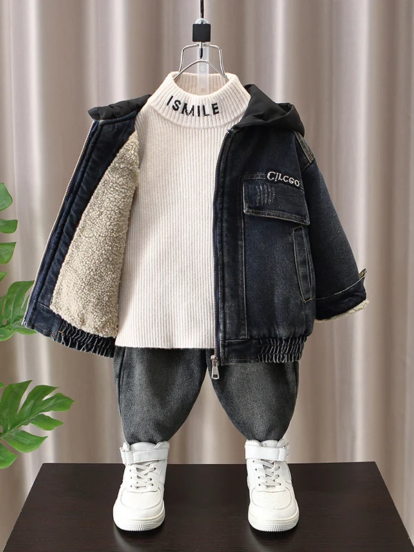 

Джинсовая куртка Thiened Fce на подкладке с капюшоном для мальчиков, теплое зимнее пальто, молодежное пальто с подставкой, длинная застежка-молния Ja...