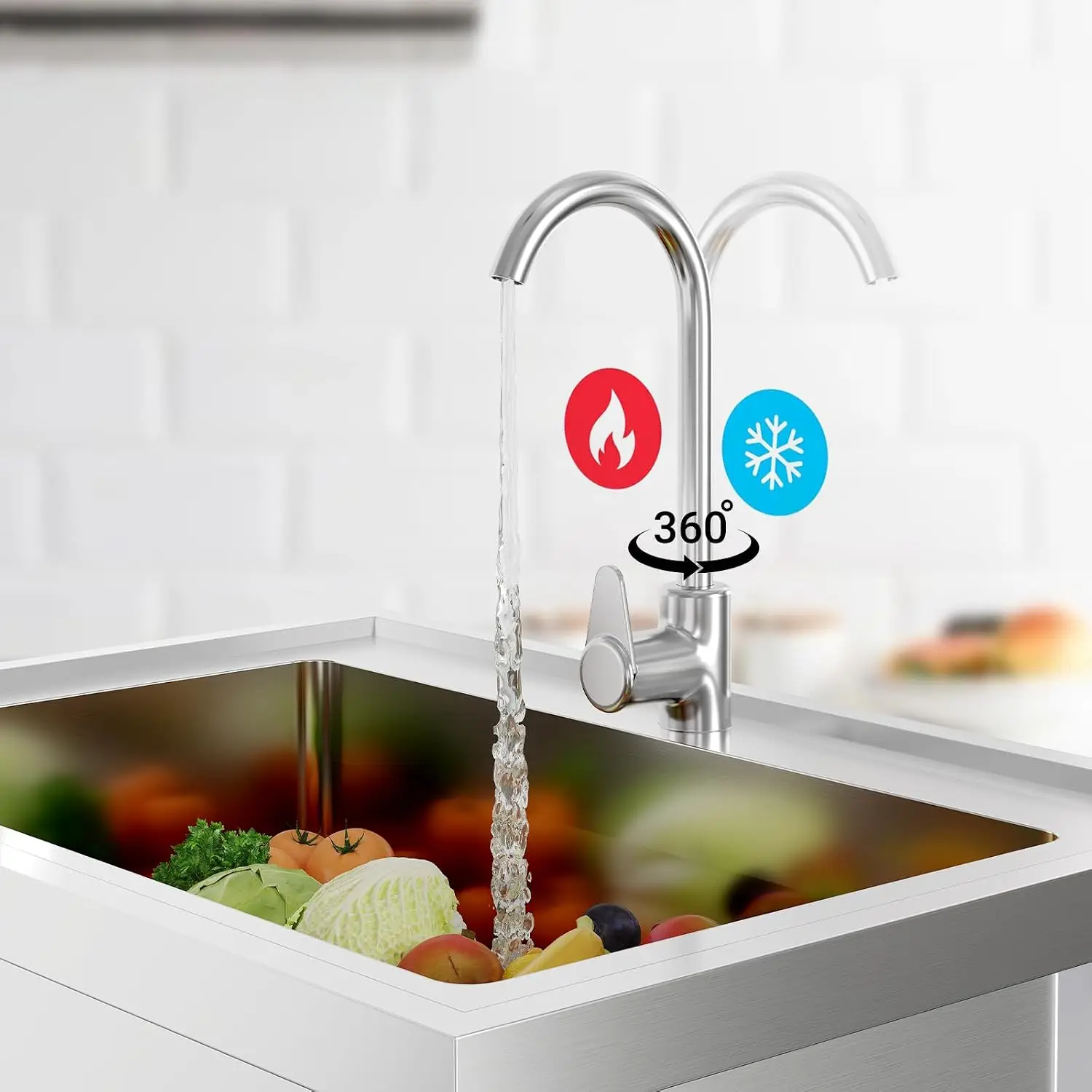 Stainless Steel Simple Wash Basin w/Hot & Cold Faucet Supply Lines Drain Kit Storage Shelf Vegetable Washing Household Single Slot Bracket Dishwasher Kitchen Sink Shelf