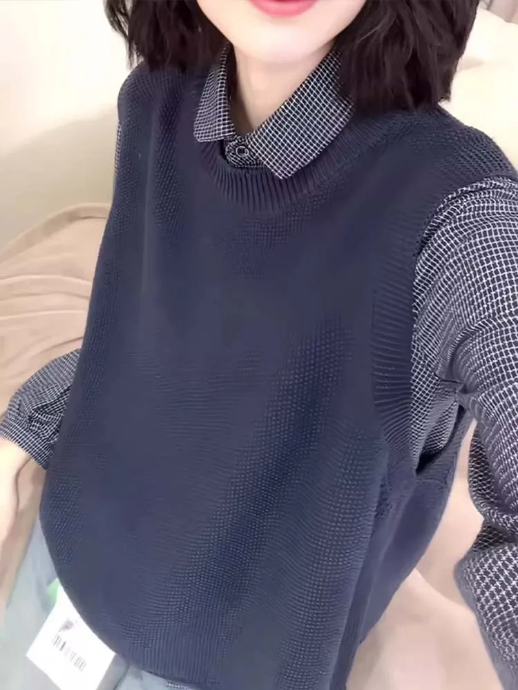 

Универсальный вязаный жилет темно-синего цвета с круглым вырезом для женщин, свободный крой, модный осенний новый товар