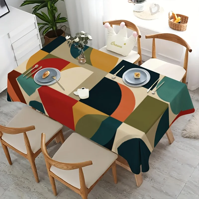 Mid Century Geometric Tablecloth, Color Block With Semicircle Print, Rectangular Table Cover for Dining Kitchen Home Decor