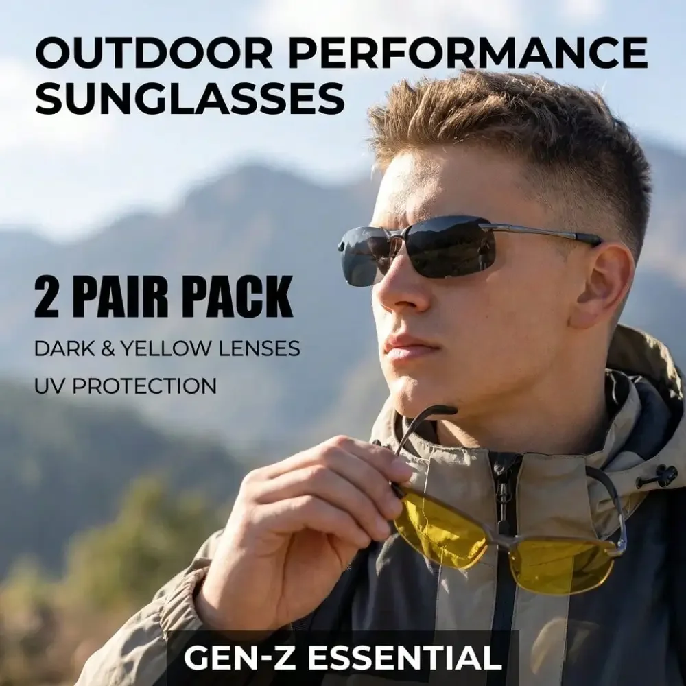 2-Pack polarized color-changing outdoor sports glasses - unisex anti-glare ultra-light sunshade glasses for cycling, golf, fishing and active living