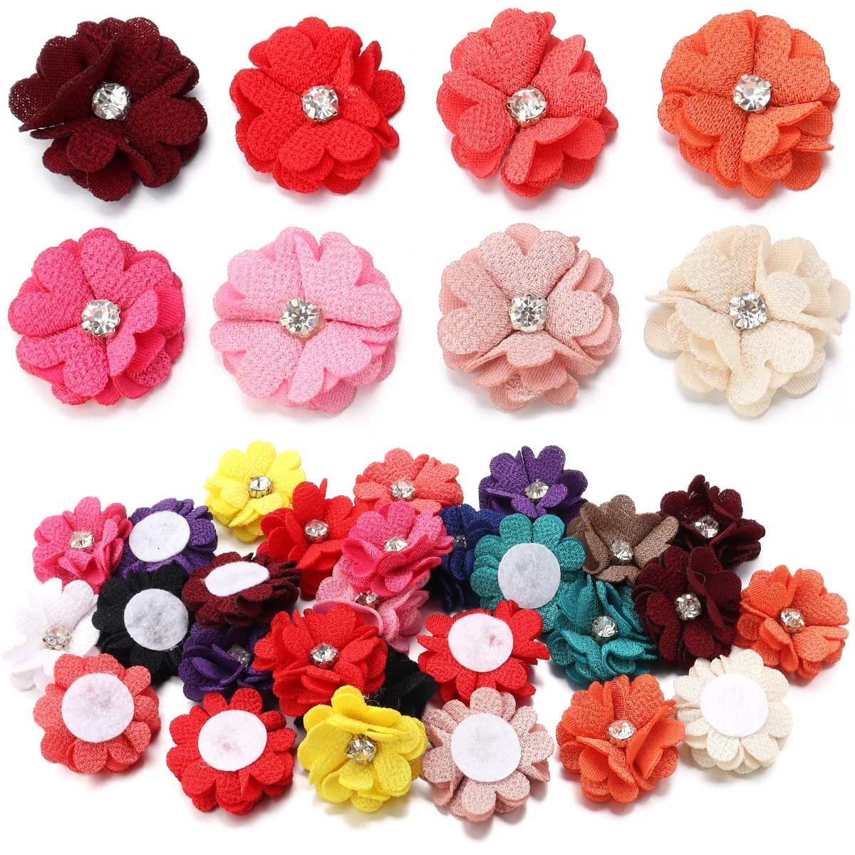 10Pcs/Lot 3.5cm Burlap Fabric Flowers Rhinestone Centered Artificial Flower For DIY Crafts Clothing Accessories Wedding Decor