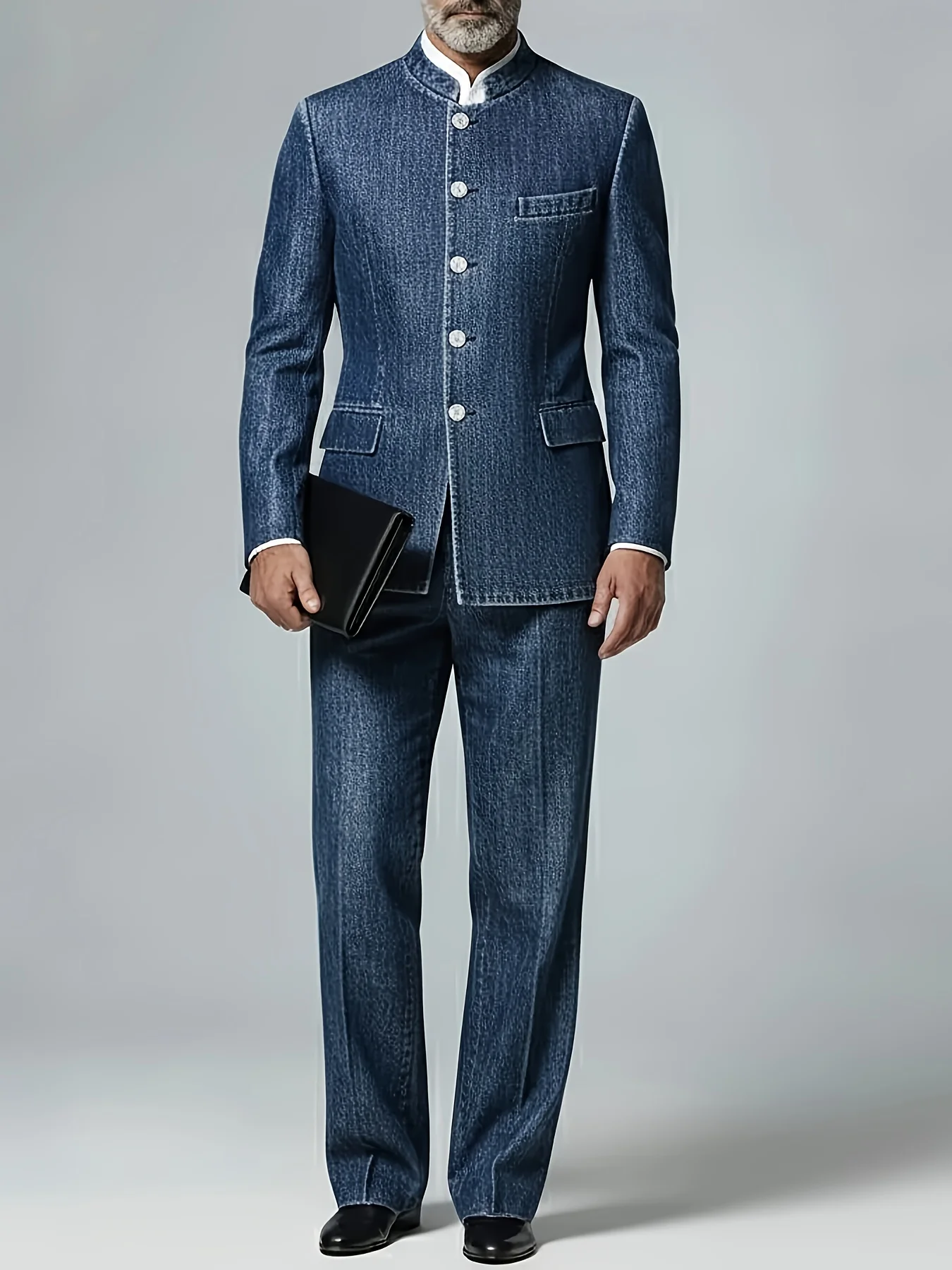

Men's Business Blue Non-Denim Stand Collar Single Breasted Long Sleeve Blazer（Jacket Only）