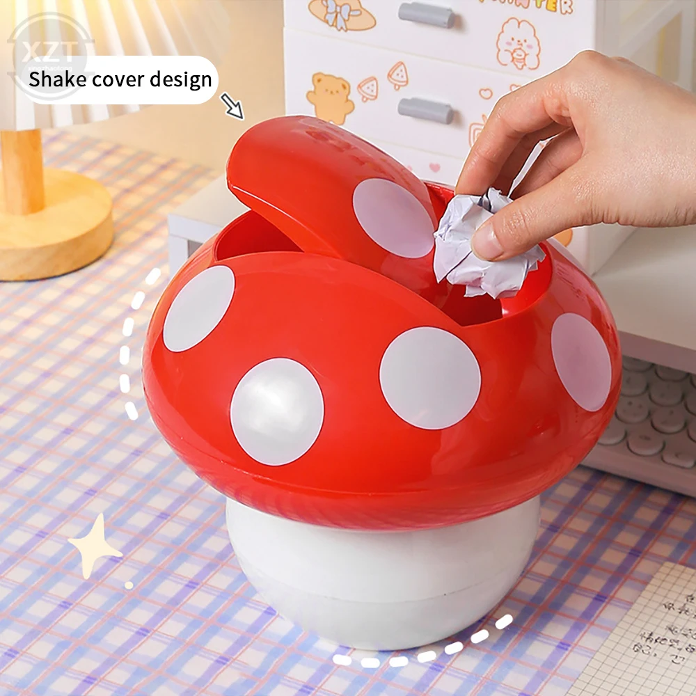 Cute Garbage Can Waste Bin with Lid Detachable Collect Rubbish Red Mushroom Table Desk Binwastebaske Mini Household Accessories