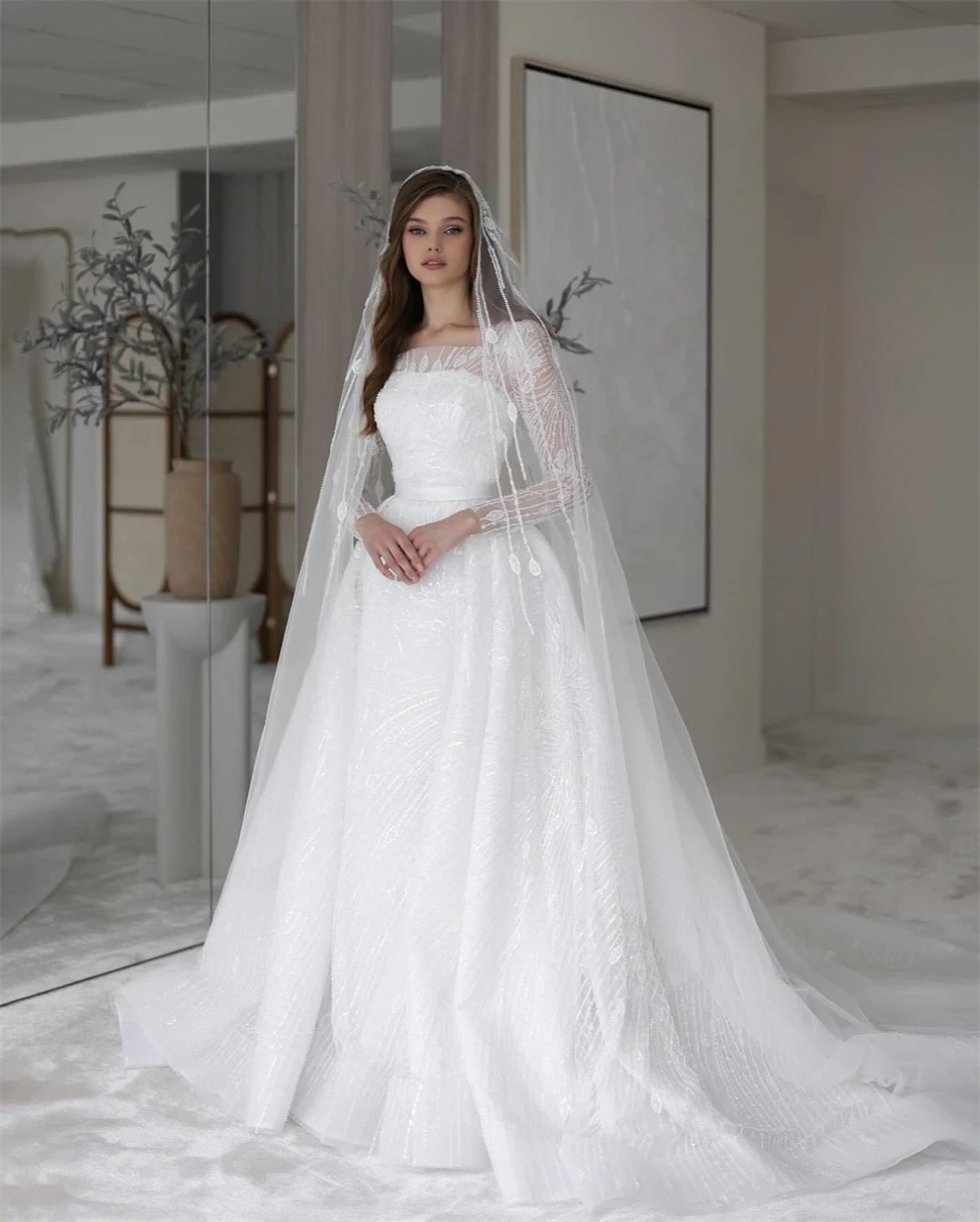 맞춤형 Organza 긴 소매 웨딩 드레스 반짝 이는 순수한 흰색 신부 가운 클래식 스퀘어 칼라 a 라인 Vestido De Novia