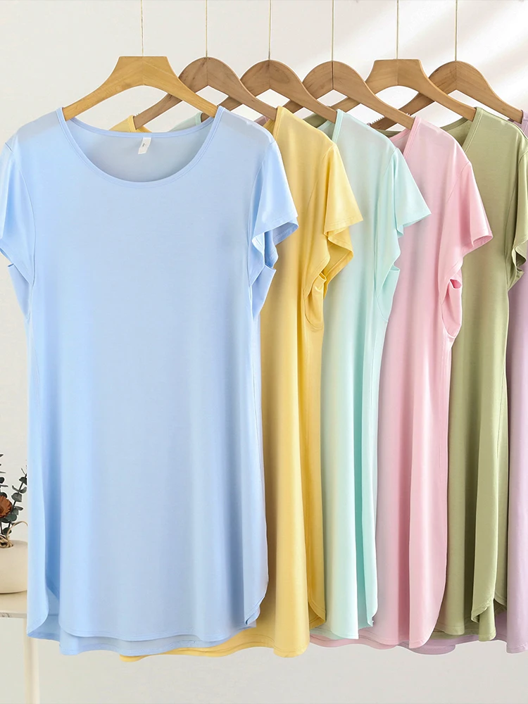 

Modal ort Sve Dr Women Summer Thin Cool round Ne Long Dr Casual Large Size Loose Simple Dr Home Clothes