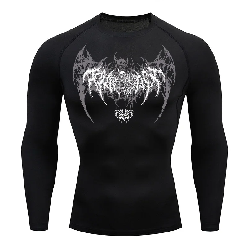 เสื้อคอมเพรสชั่นแขนยาวลายปีกหัวกะโหลกสำหรับผู้ชาย เสื้อออกกำลังกาย เสื้อวิ่ง เสื้อซับใน เสื้อกีฬา สำหรับฤดูใบไม้ผลิและฤดูใบไม้ร่วง