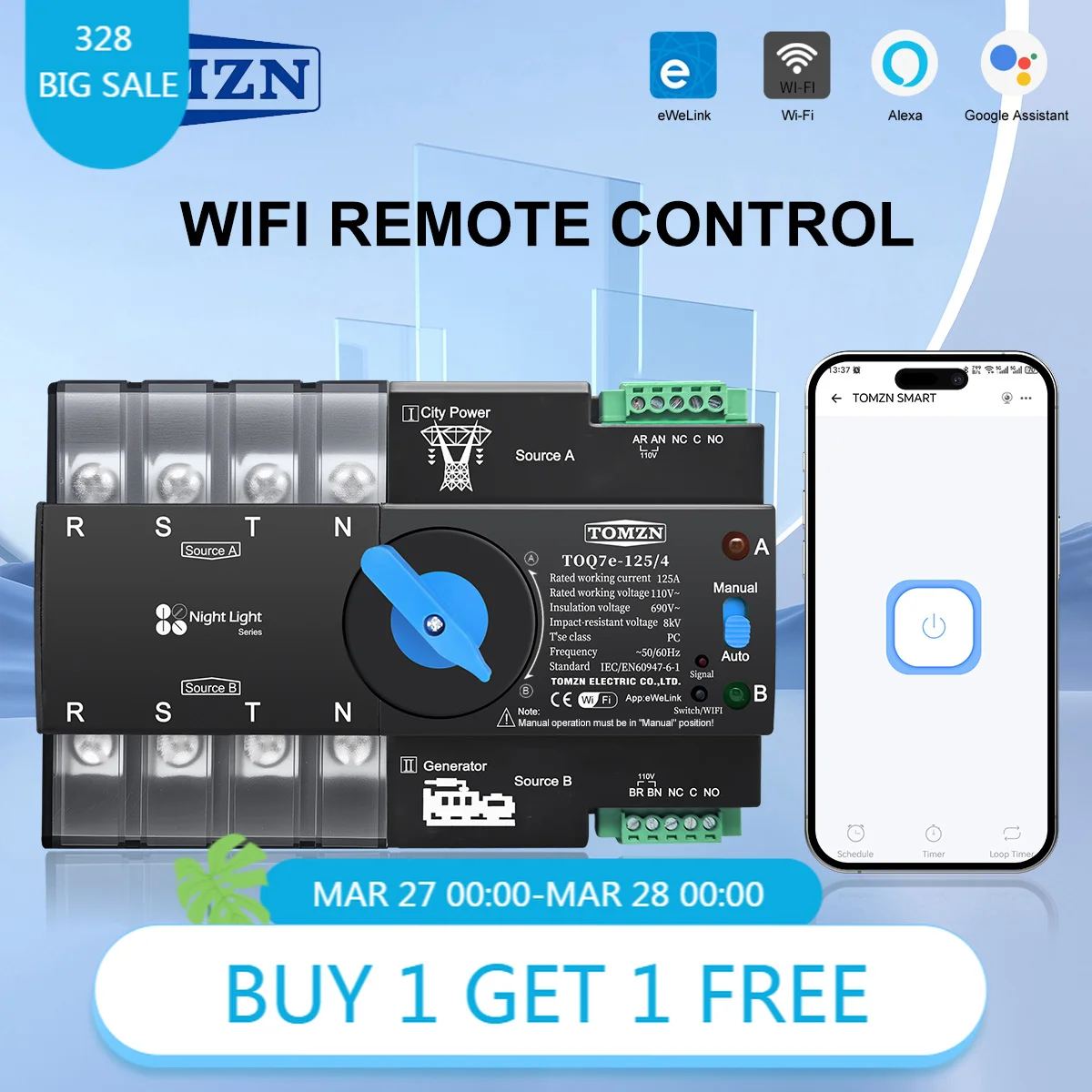 4P Three Phase TOMZN WiFi ATS Din Rail Automatic Dual Power Selector Switch 110V 120V eWeLink Remote Control UPS Use