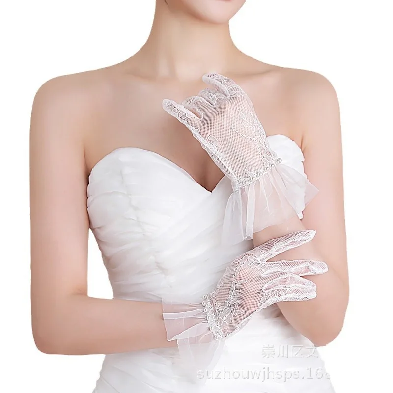 Bridal Gloves Black Pearl Fingerless Short Tulle Lace Hollow Satin Performance Women Elegant Soft Cozy Fit Comfortable Daily Use