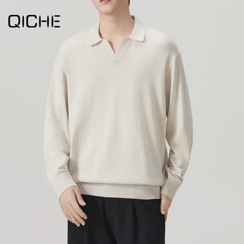 QICHE Men 2026 Autumn Winter Collared Knitwear Long Sleeve Luxury Versatile Casual Business Polo Collar Brown Warm Sweater