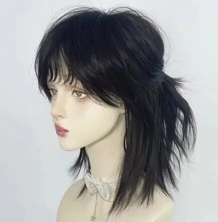 Short Mullet Head Wigs with Bangs Synthetic Straight Anime Men Black Gray Green Hair Wig for Daily Party Cosplay