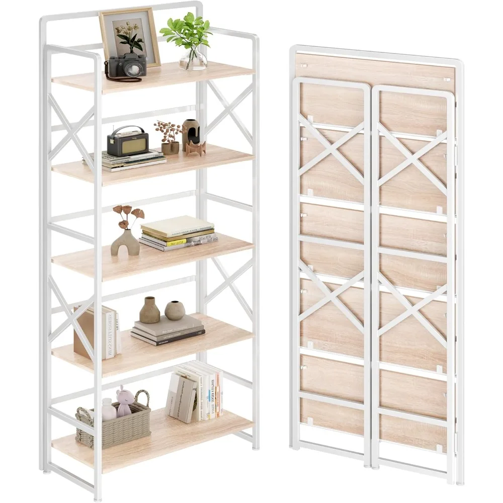 

Bookshelf, 5 Tiers Vintage Wood Collapsible Book Shelf for Storage, Industrial Metal Foldable Bookcase
