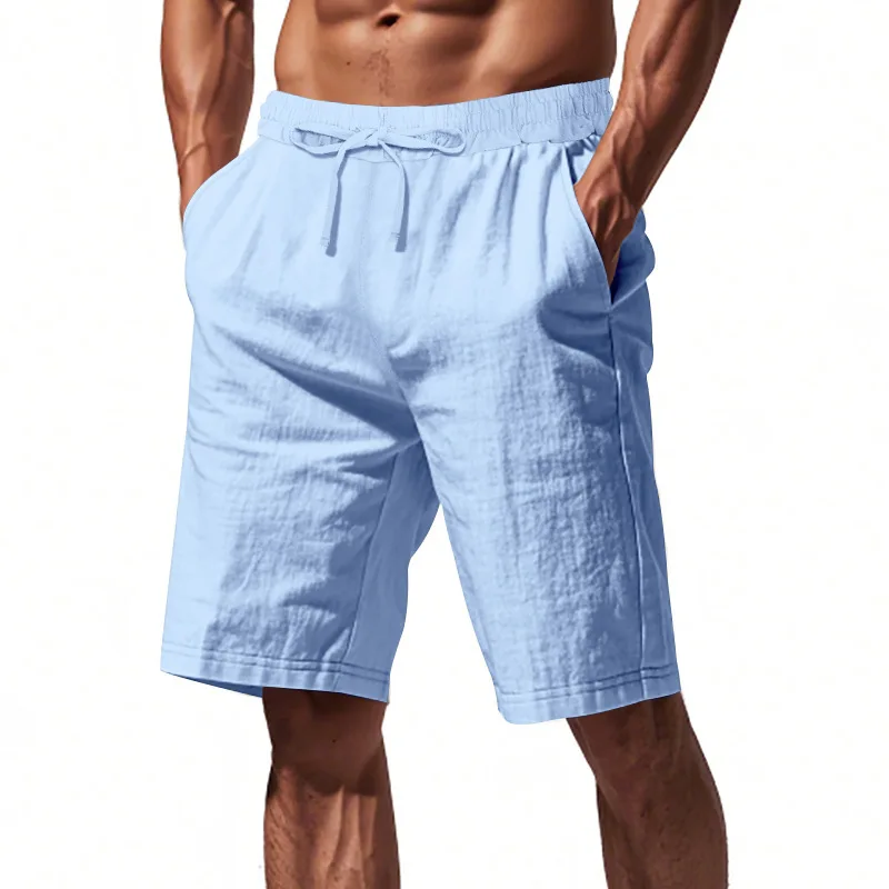 Men's Summer Cotton Linen Shorts 2026 Casual Solid Color Drawstring Elastic Waist Breathable Loose Beach Short Pants