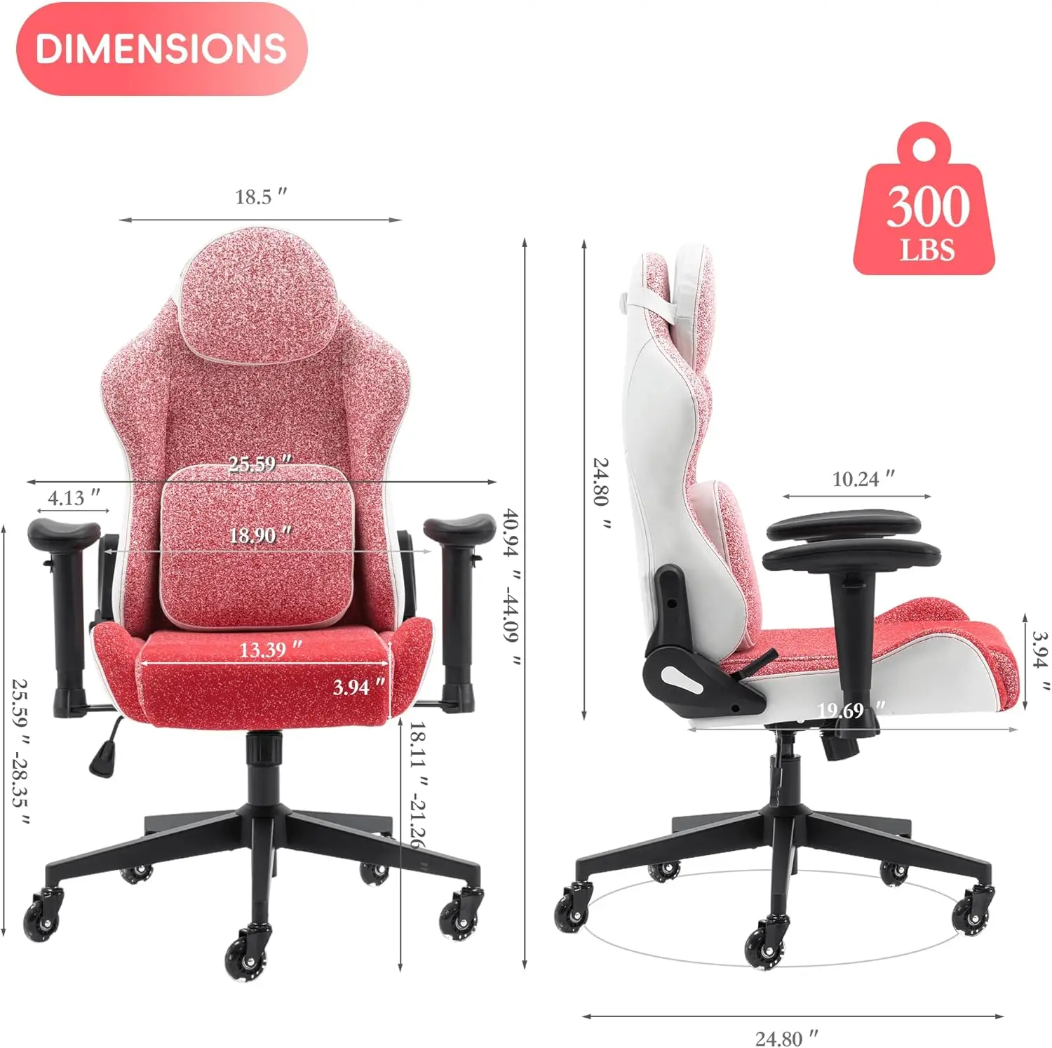 Pink Ergonomic Gaming Chair with Adjustable Armrests, Headrest, Swivel & Glow Casters – PU Leather Racing Chair for Teens & Adul