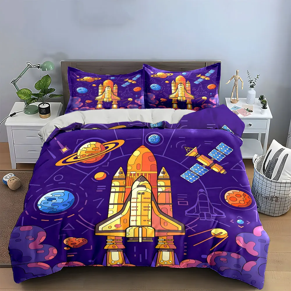 Space-Themed Rocket Poster Set Soft Skin-Friendly Bedding Set Includes 1 Duvet Cover And 2 Pillowcase, Gift