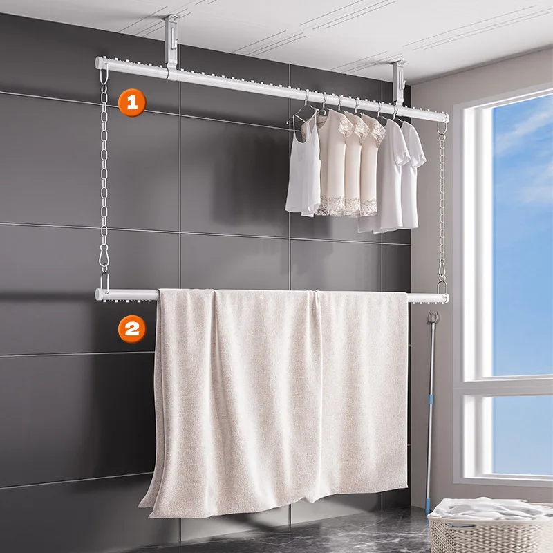 Balcony transverse clothes drying rack wall fixed top-mounted clothes drying rod upper and lower double-layer side household coo