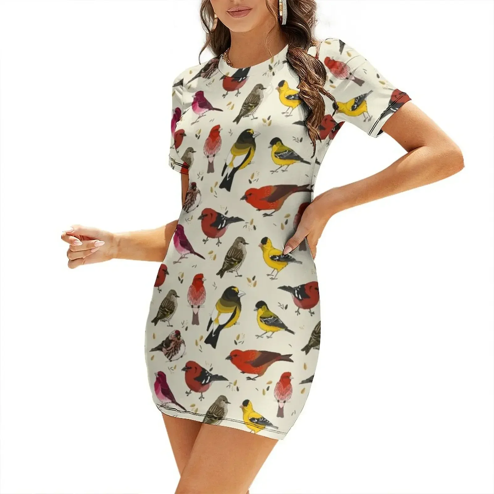 North American Finches Short-Sleeved Dress Dress for girls Female dress Women's evening birthday dresses for women
