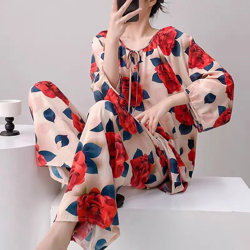 Loose Viscose Women Long Sleeves Pullover Pants Sleepwear Casual Nightwear Flower Printing Sleepwear Casual Woman pajamas