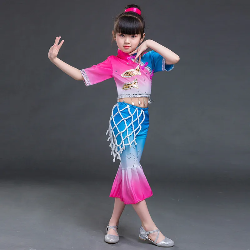 

Classical Children's Yangko Dancewear for Girls National Umbrella Fan Dancing Dancer Ancient Tradition Kids Hanfu Dance Costume