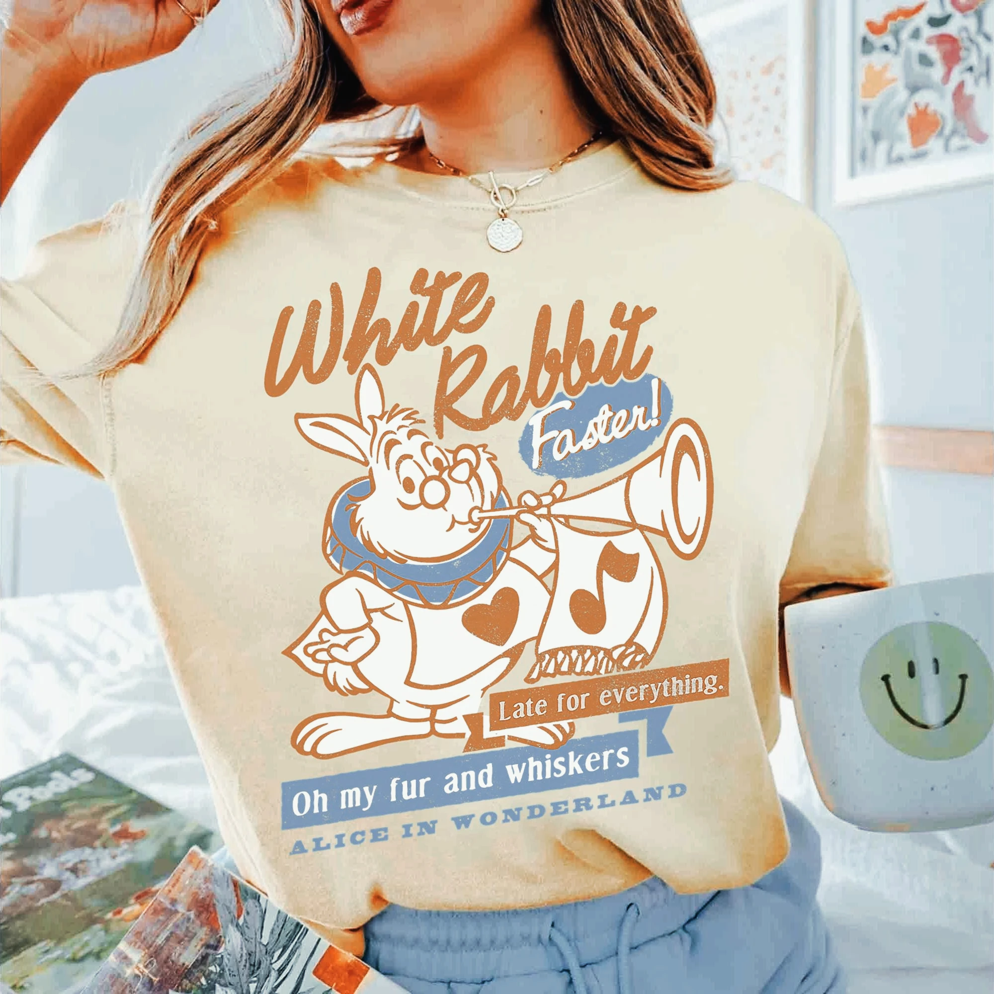 

2025 Disney Alice in Wonderland White Rabbit Outlined Text Poster T-Shirt, Alice in Wonderland Shirt, Disneyland Princess Shirt