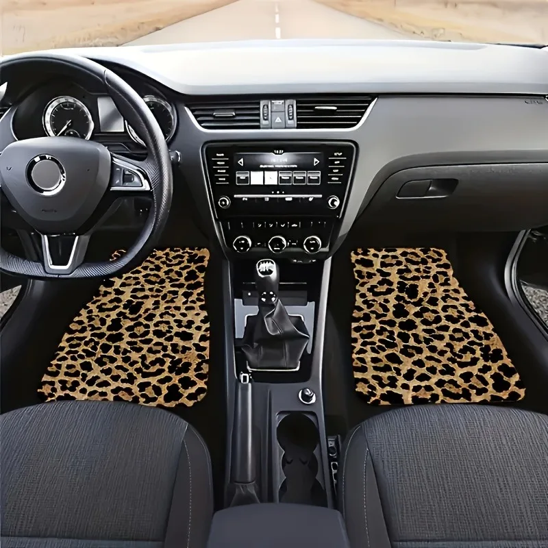 Universal Fit Leopard Print Car Floor Mats 4pcs Set, Polyester Fiber, Absorbent, Non-Slip, Washable for Cars & SUVs