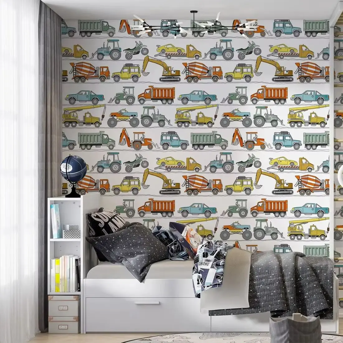 Nursery Construction Peel and Stick Wallpaper, Watercolor Cars Wall Art For Kids Room Decor.Self-adhesive Or Traditional Papers