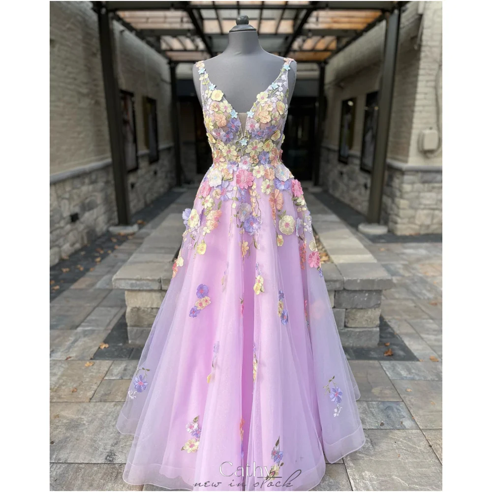 

Cathy Customize Purple Floral V Neck Prom Dress A-line Floor-length vestidos de noiva Exiquisite Colorful Appliques Evening Gown
