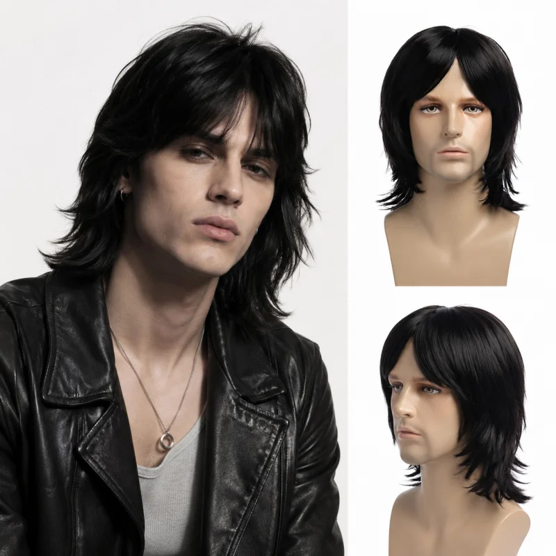 

New European and American men's wig, black long curly hair, layered middle parting, high-temperature synthetic fiber cap