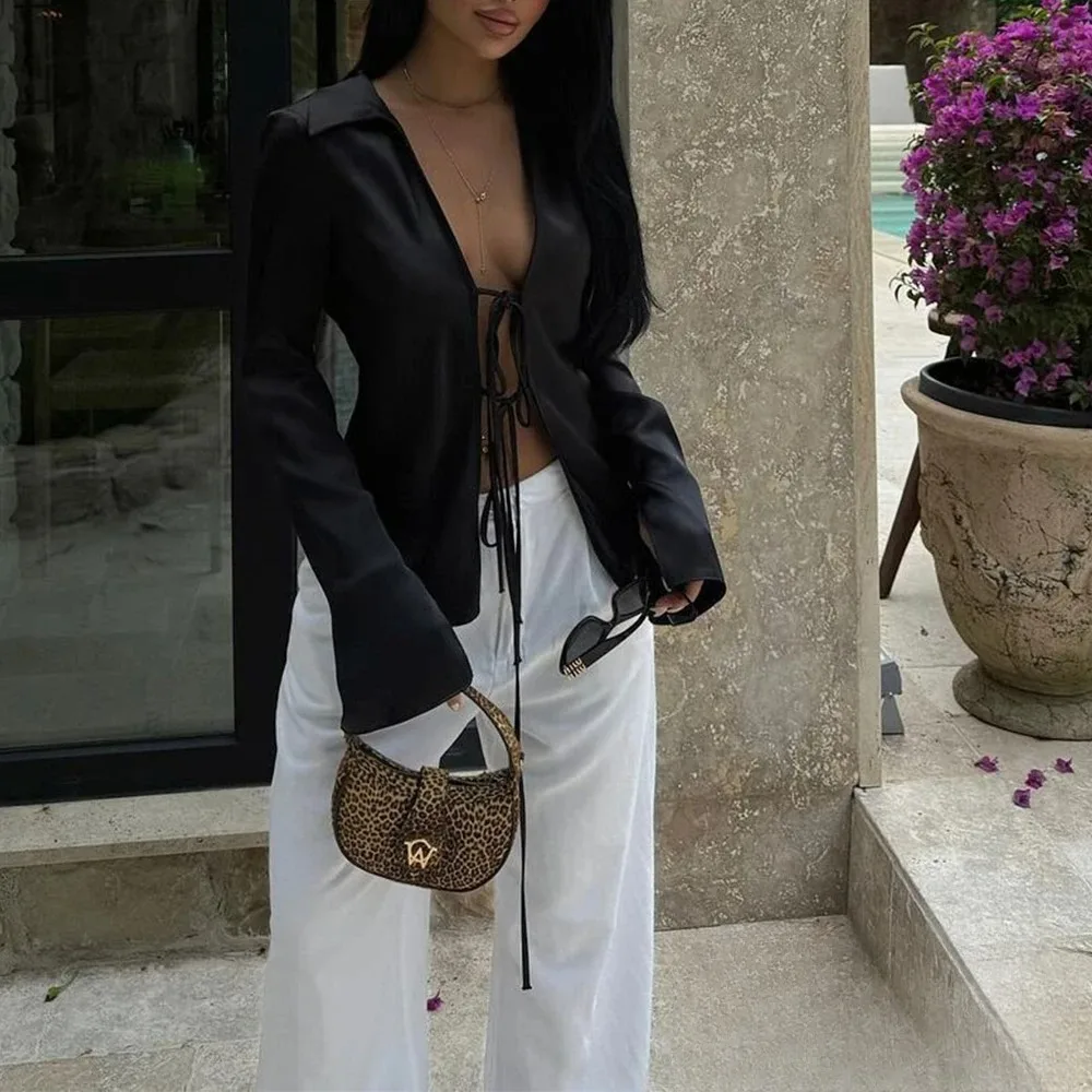 KONDALA Sexy Black Satin Bow Tie Shirts Women Long Sleeve V Neck Slim Blouses Fashion 2025 Autumn Elegant Silky Tops