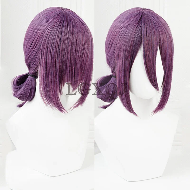 Perruque Reze Cosplay Anime Chainsaw Man, cuir chevelu, violet, marron, queue de cheval, perruques Reze, chaleur, degré, cheveux, bonnet, 45cm, en stock