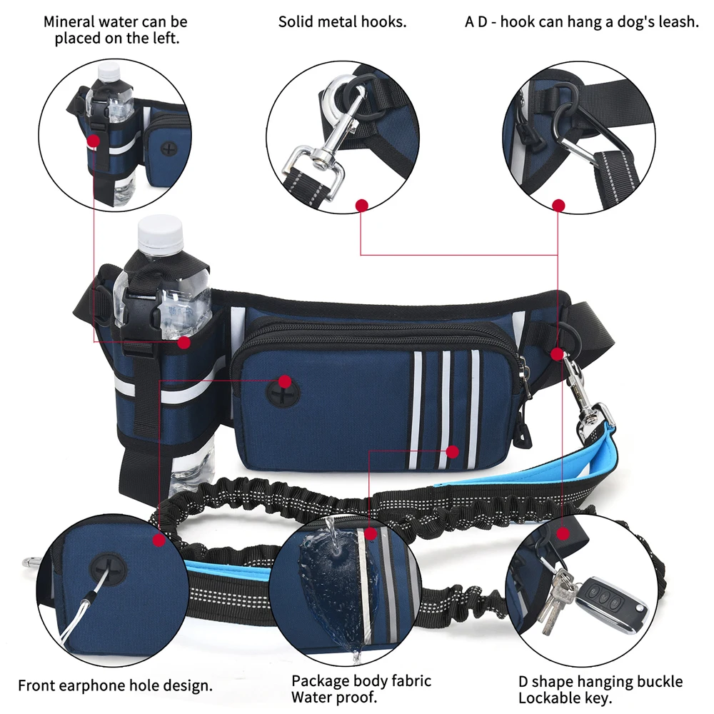 1PC Bungee Waist Dog Leash – Dog Leash for Medium/Large Breeds – Running Belt Fanny Pack with Phone,Waste, Treat, Bottle Pockets