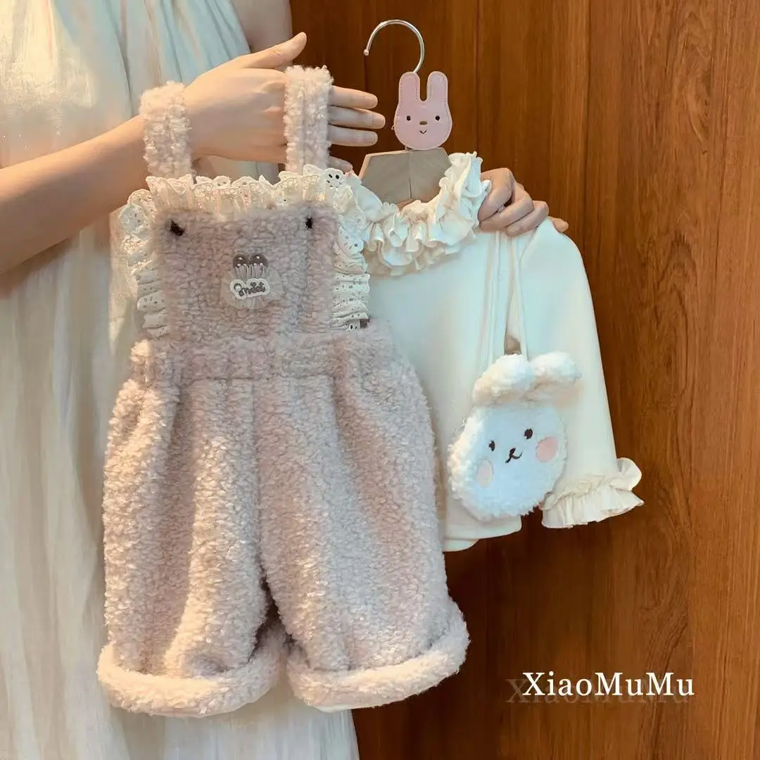 Girls' Autumn/Winter Set 2025 New Style Baby Girl's Stylish Internet Red Plush Bottom Coat Hairy Strap Pants Two Piece Set