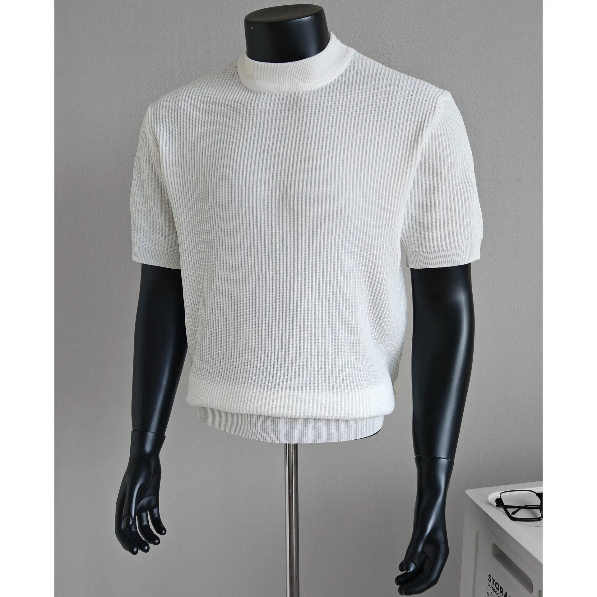 Man Knitting Base Layer 2026 Summer Men Solid Color Ice Silk Knit Tee Henry Collar Slim Fit Short
