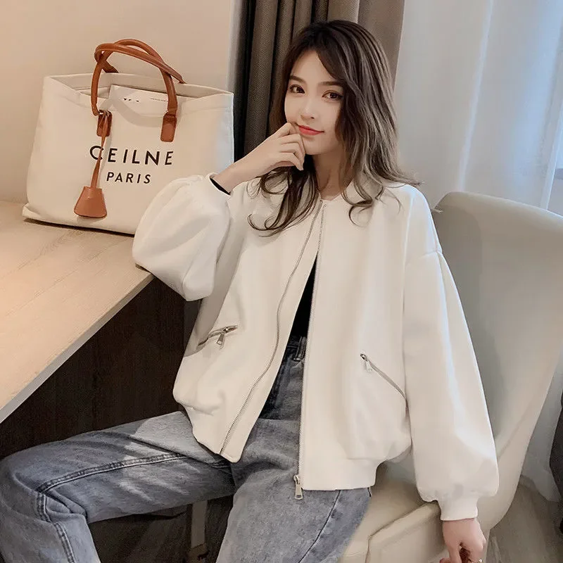 Spring Autumn Jacket Women 2024 New Fashion Loose Leisure Coat Round Collar Zipper Button Pure Colour White Outerwear Female