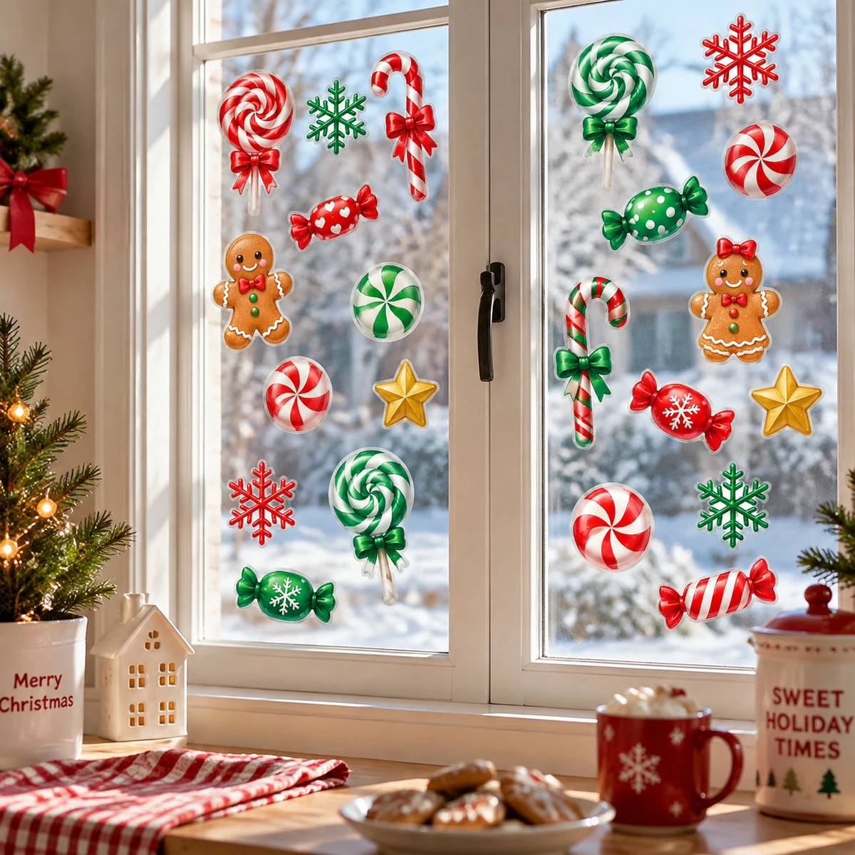 Christmas Window Clings Candy Cane Gingerbread Lollipop Snowflake Static Cling Glass Sticker Holiday Decor