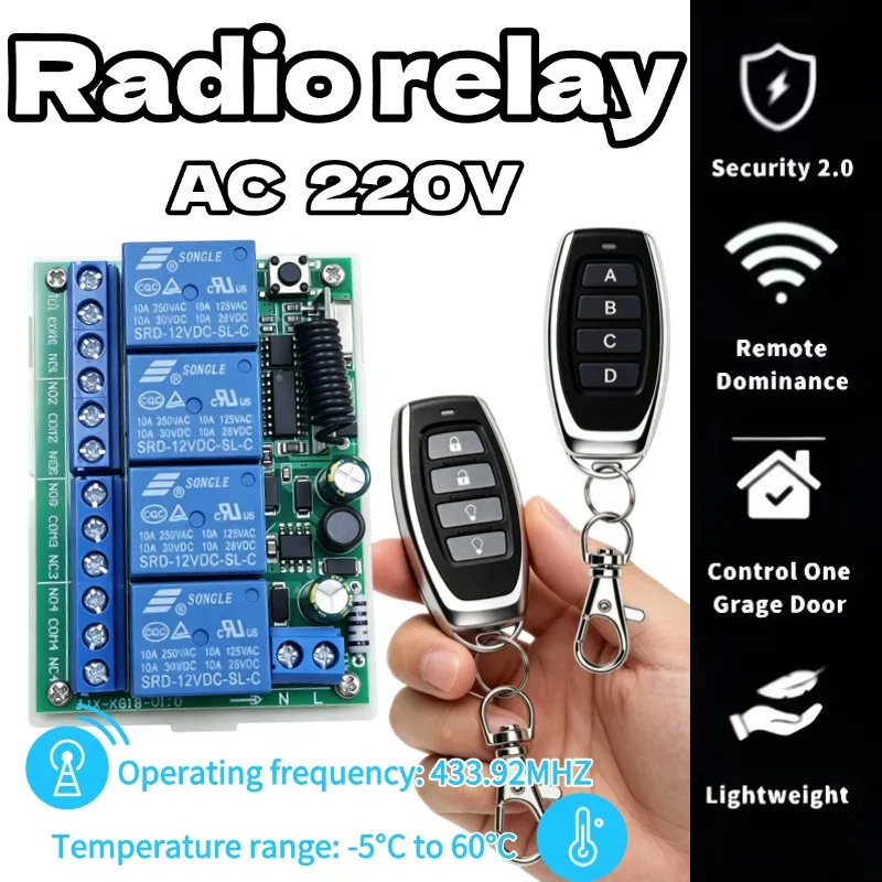 AC220V 10A 4CH Wireless Remote Control Switch Relay Receiving Module and 4-channel RF433MHz Remote Control Transmission