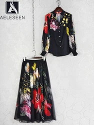 AELESEEN Vintage 2 Pieces Set Women Autumn New Designer Fashion Colorful Flower Print Blouse + Long Skirt High Street Set